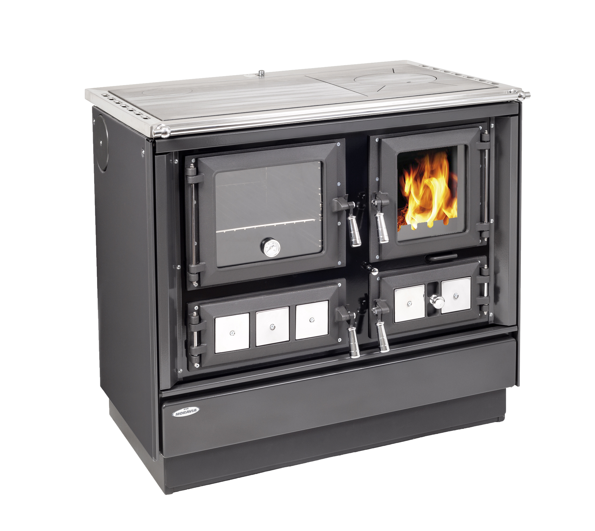 KVS MORAVIA VSP 9112 KLAUDIE s výměníkem sporák na tuhá paliva 11,4kW, s troubou, levý antracit/chrom