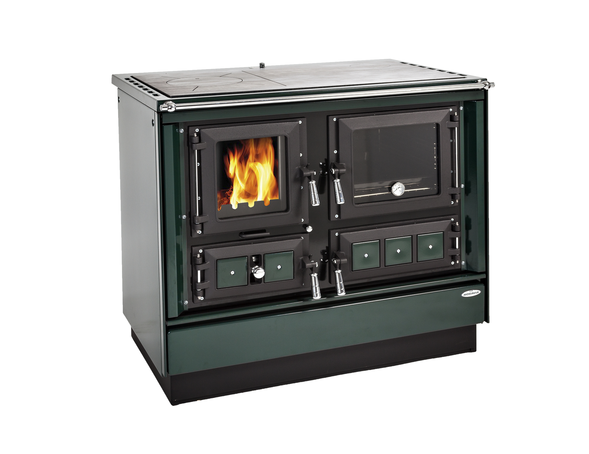 KVS MORAVIA VSP 9112 KLAUDIE s výměníkem sporák na tuhá paliva 11,4kW, s troubou, pravý zelený/chrom